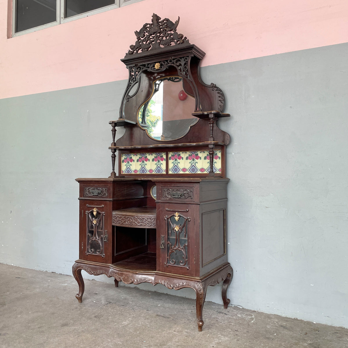 Vintage Peranakan Vanity Sideboard with Tiles and "Plum" Mirror