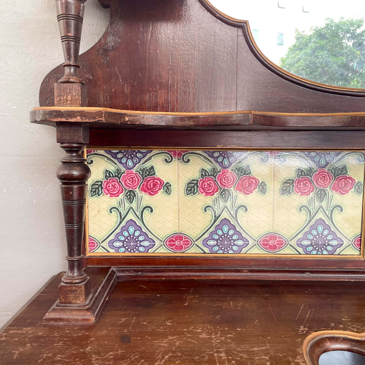 Vintage Peranakan Vanity Sideboard with Tiles and "Plum" Mirror