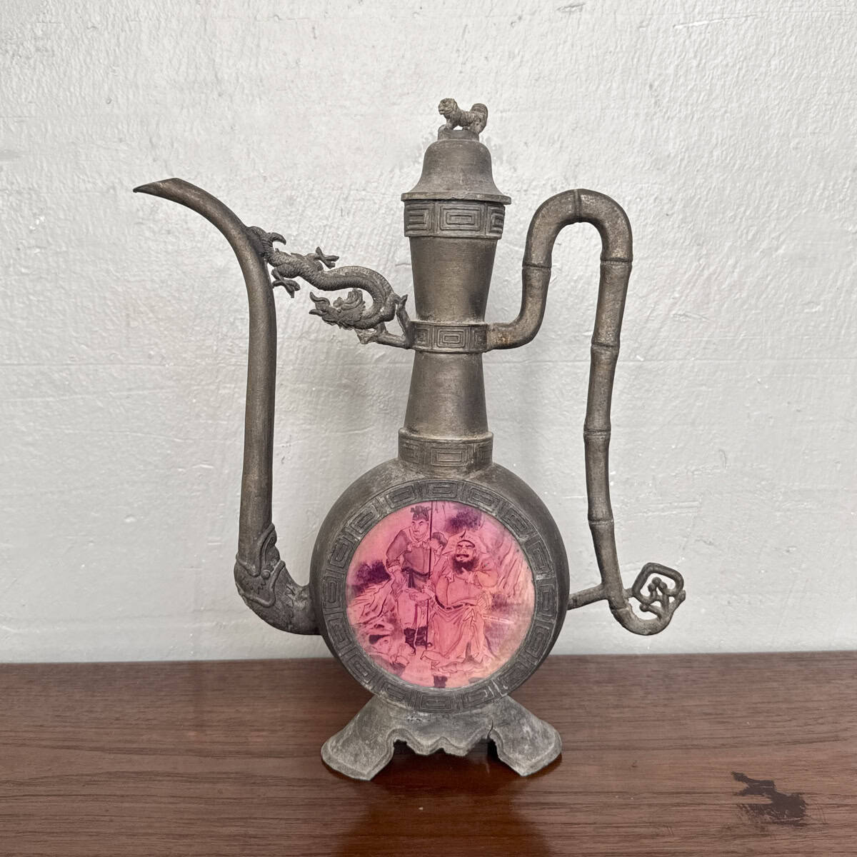 Vintage Pewter Teapot with Panelled Scenes (Round)