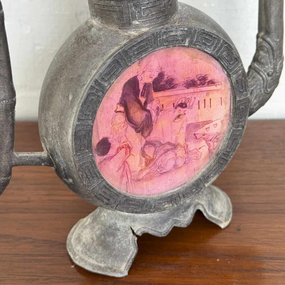Vintage Pewter Teapot with Panelled Scenes (Round)