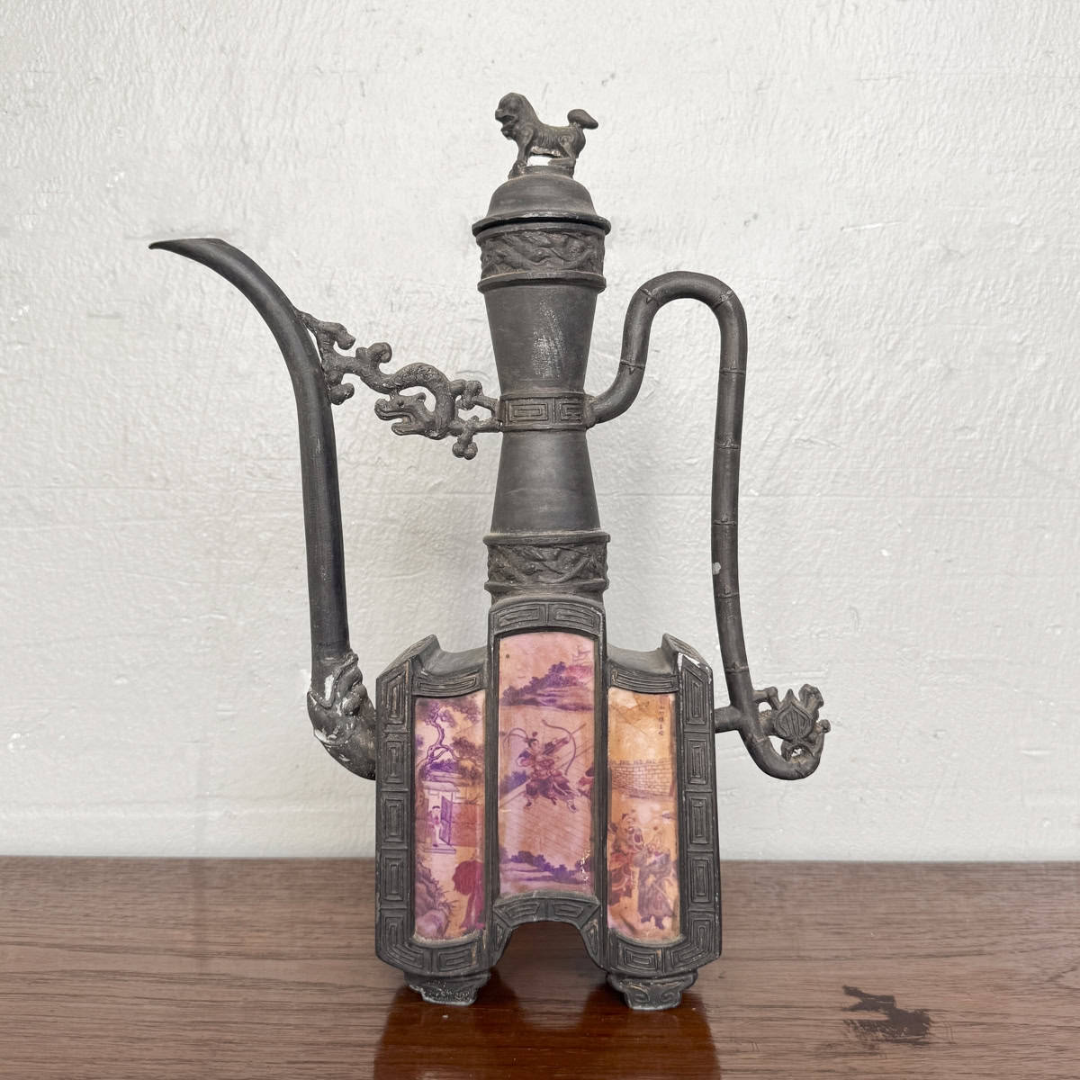 Vintage Pewter Teapot with Panelled Scenes (Square)