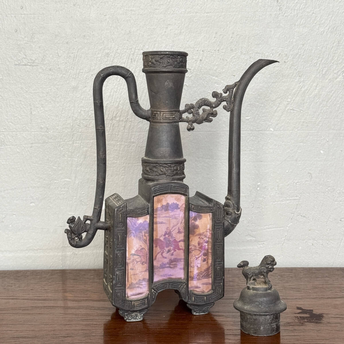 Vintage Pewter Teapot with Panelled Scenes (Square)