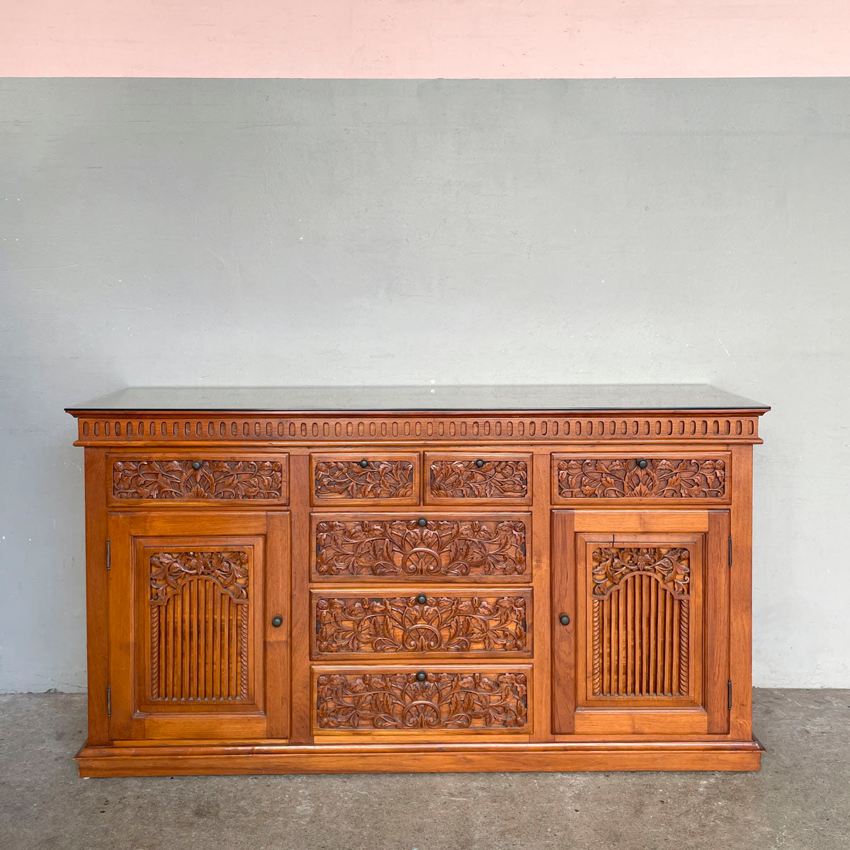 Solid Teak Sideboard with Floral & Foliage Carvings