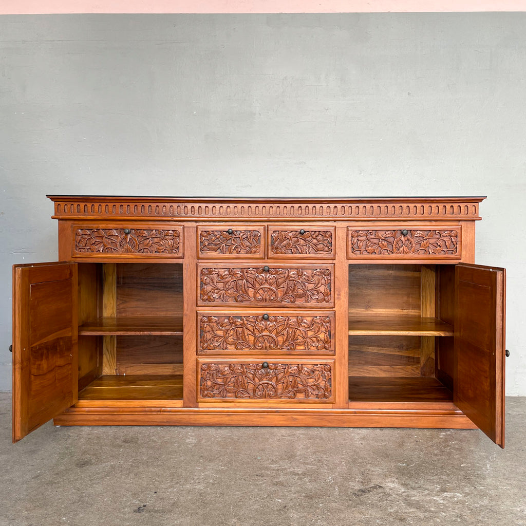 Solid Teak Sideboard with Floral & Foliage Carvings