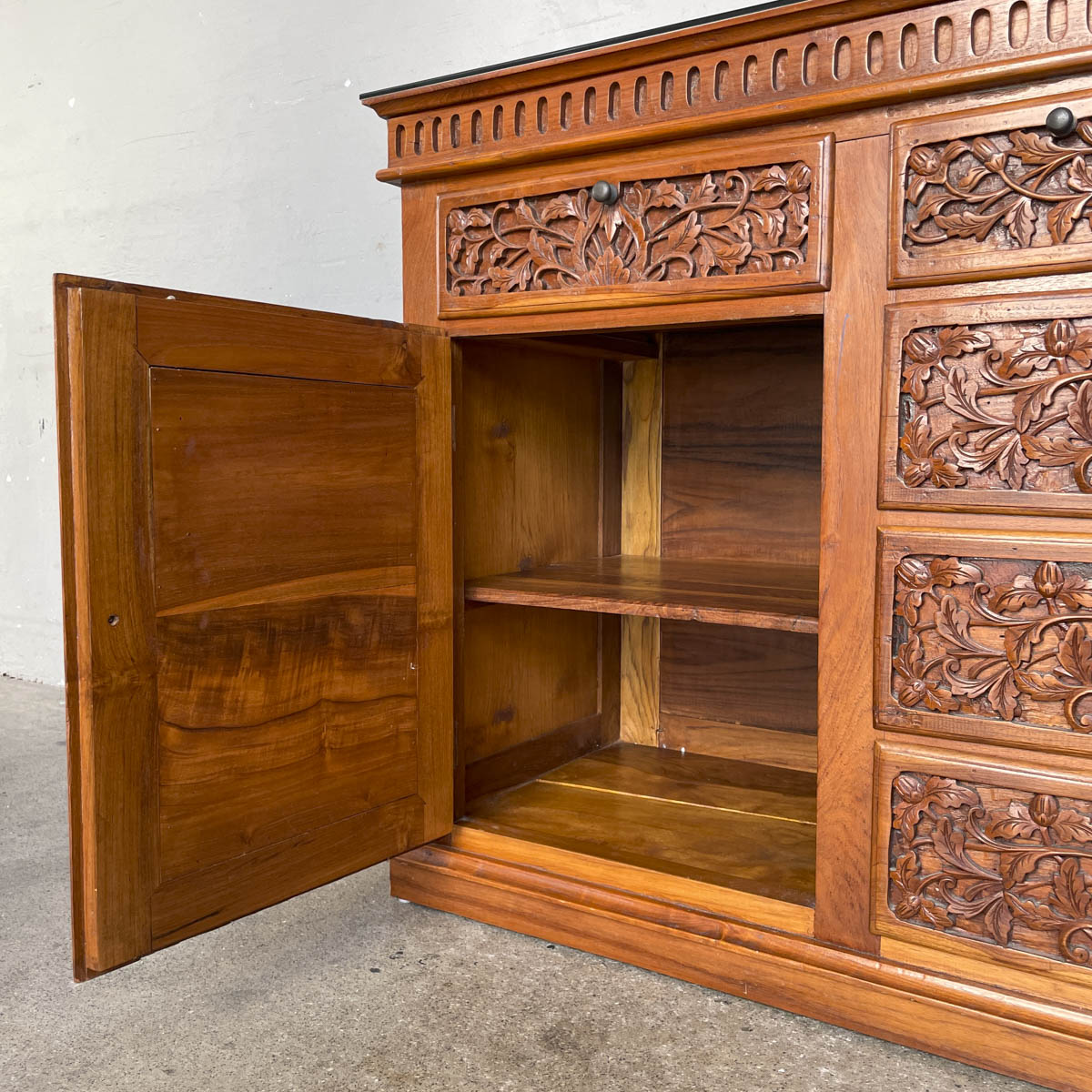 Solid Teak Sideboard with Floral & Foliage Carvings