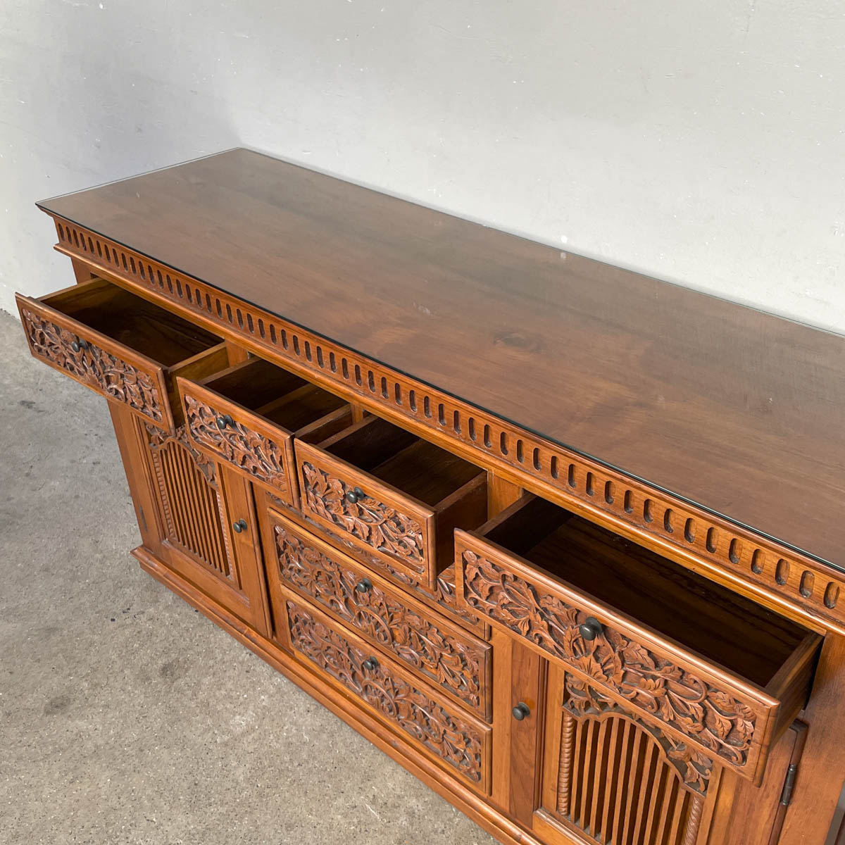 Solid Teak Sideboard with Floral & Foliage Carvings