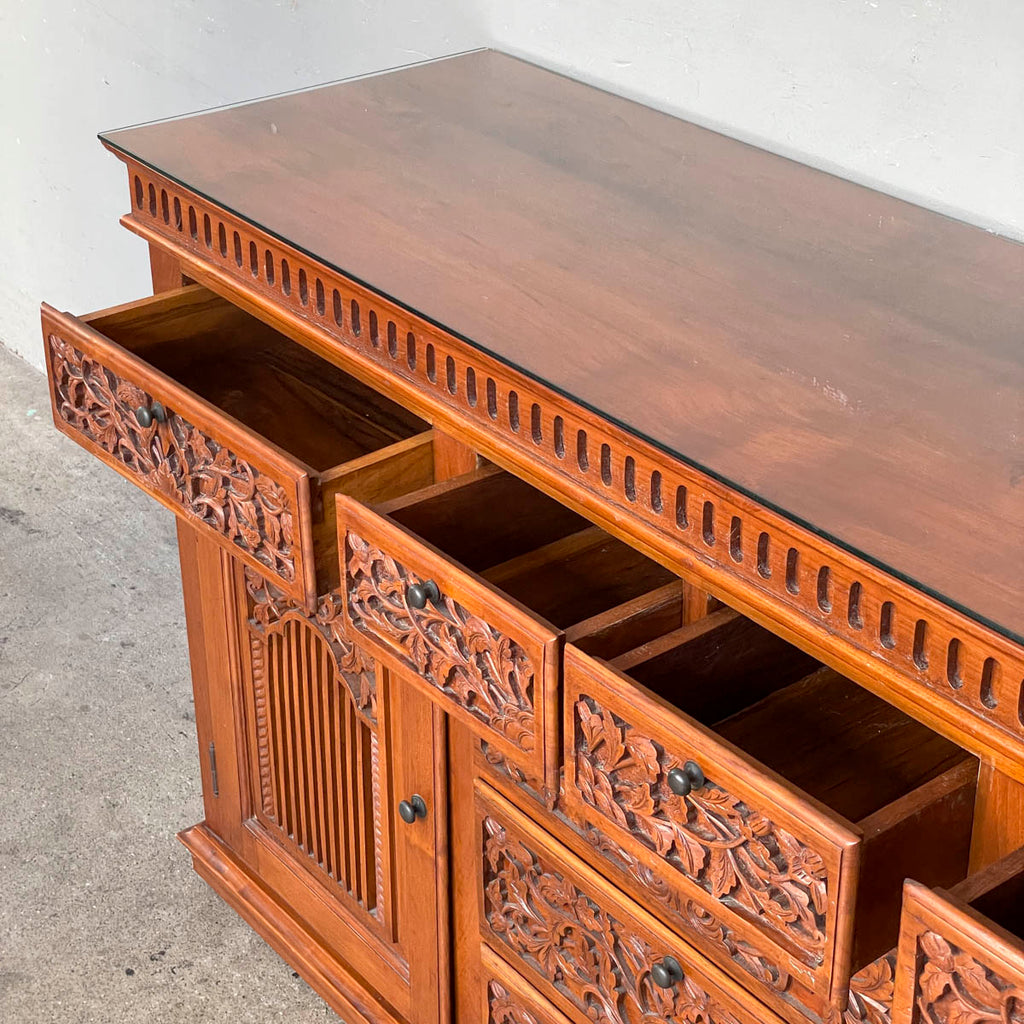 Solid Teak Sideboard with Floral & Foliage Carvings