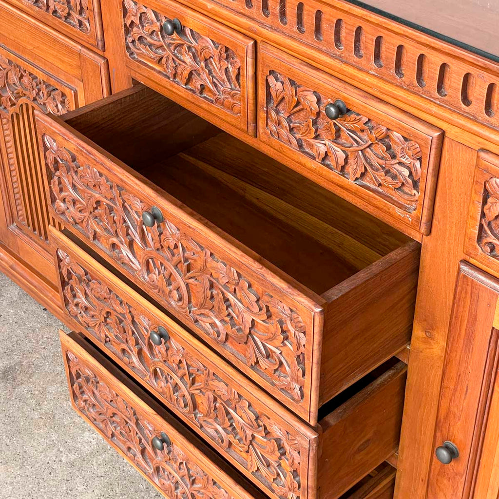 Solid Teak Sideboard with Floral & Foliage Carvings