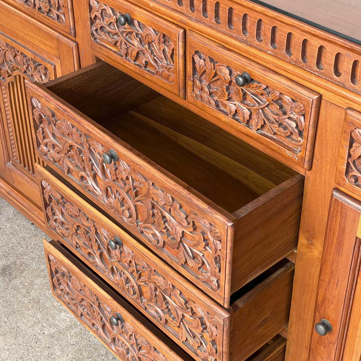 Solid Teak Sideboard with Floral & Foliage Carvings