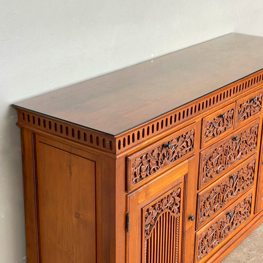 Solid Teak Sideboard with Floral & Foliage Carvings