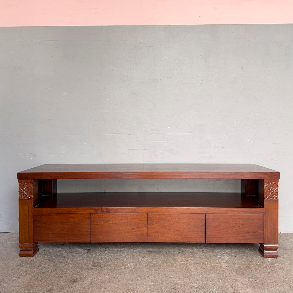Indonesian Mahogany TV Console with Floral Carvings