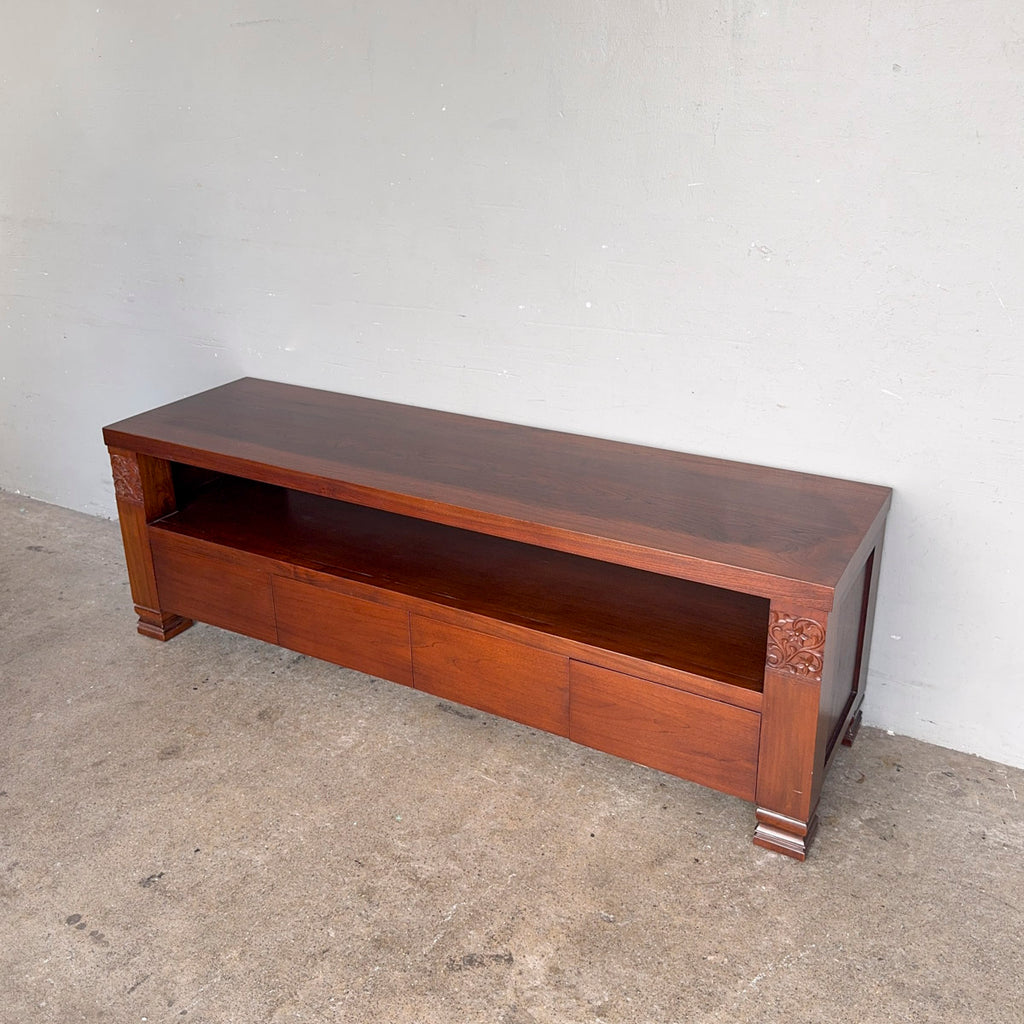 Indonesian Mahogany TV Console with Floral Carvings