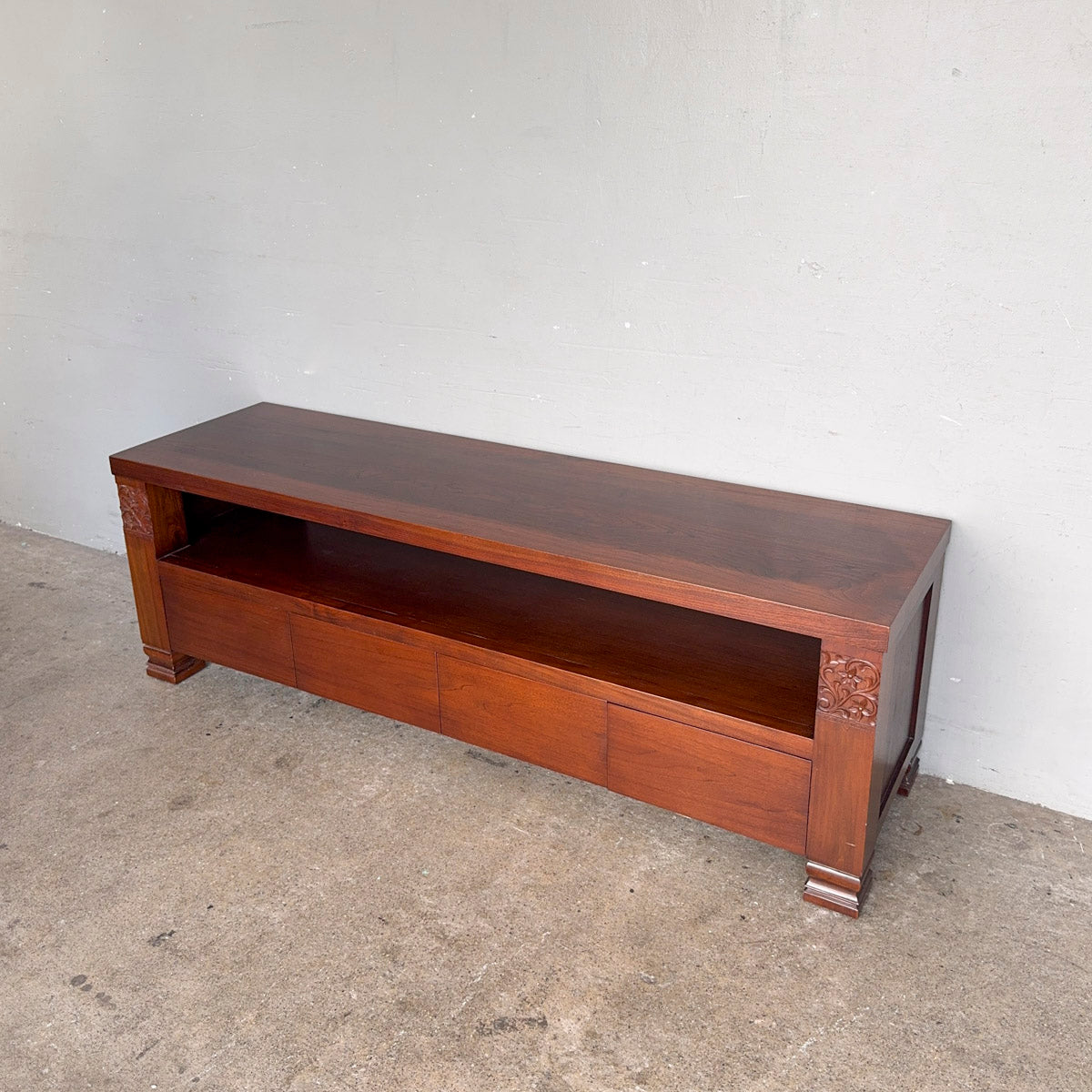 Indonesian Mahogany TV Console with Floral Carvings