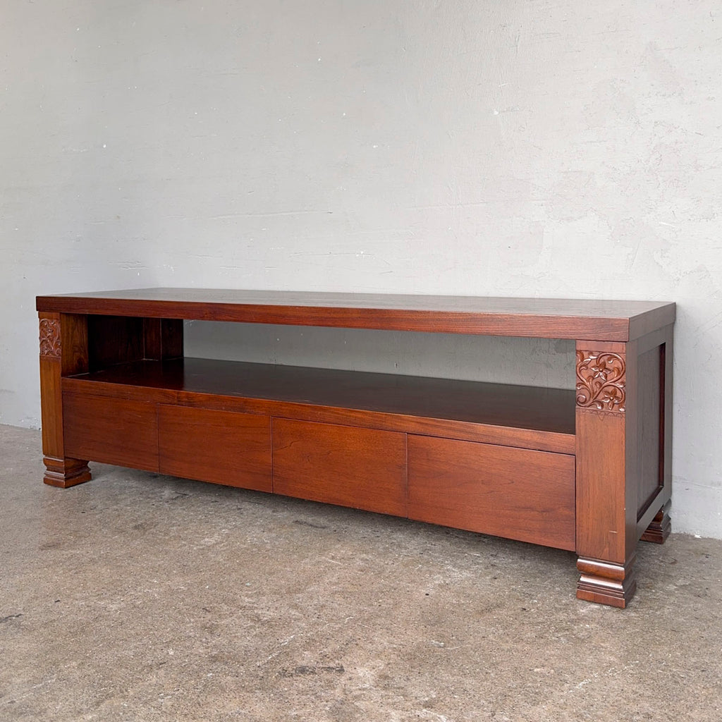 Indonesian Mahogany TV Console with Floral Carvings