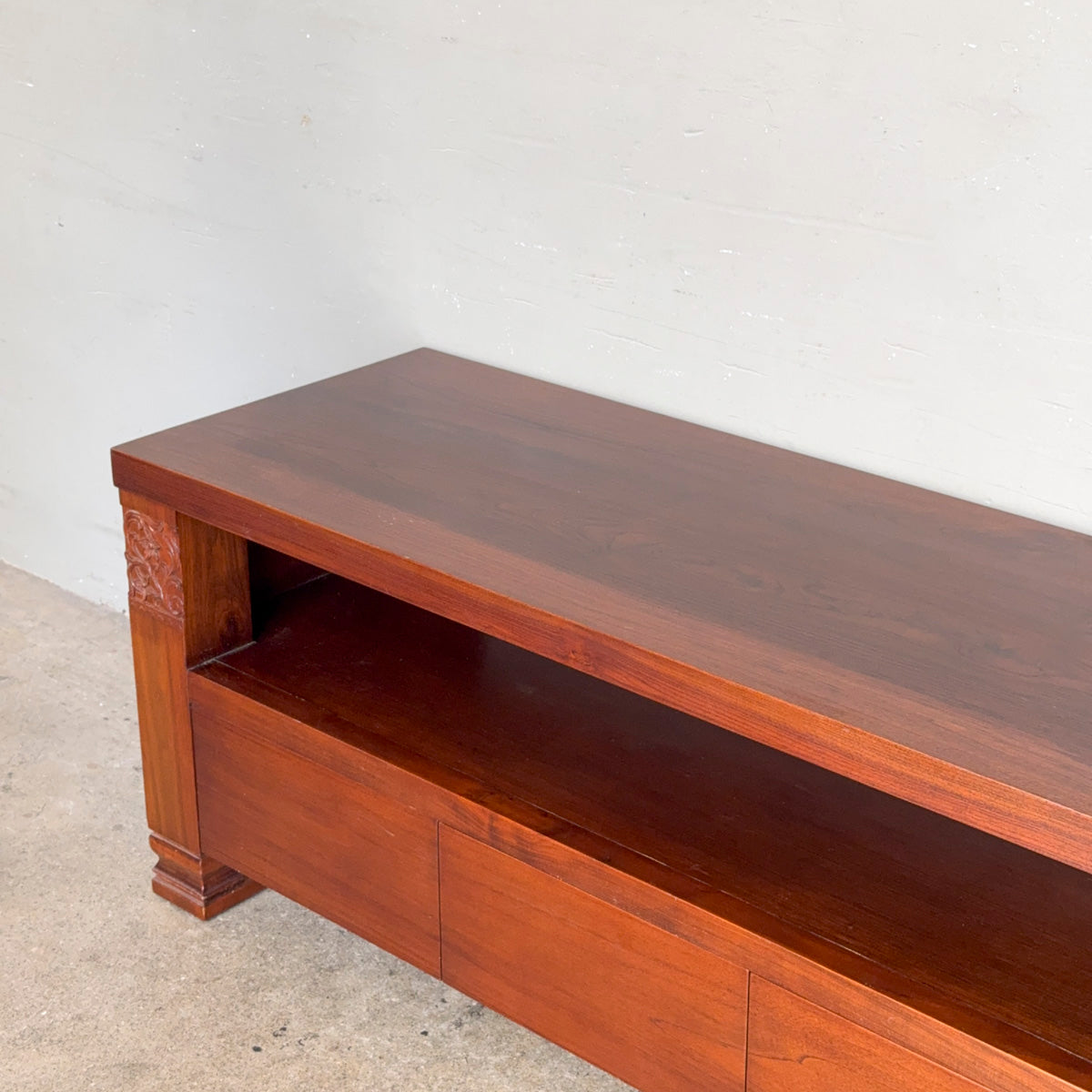 Indonesian Mahogany TV Console with Floral Carvings