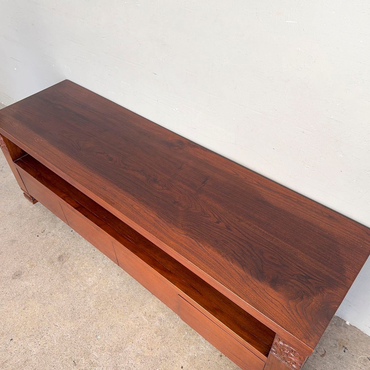 Indonesian Mahogany TV Console with Floral Carvings