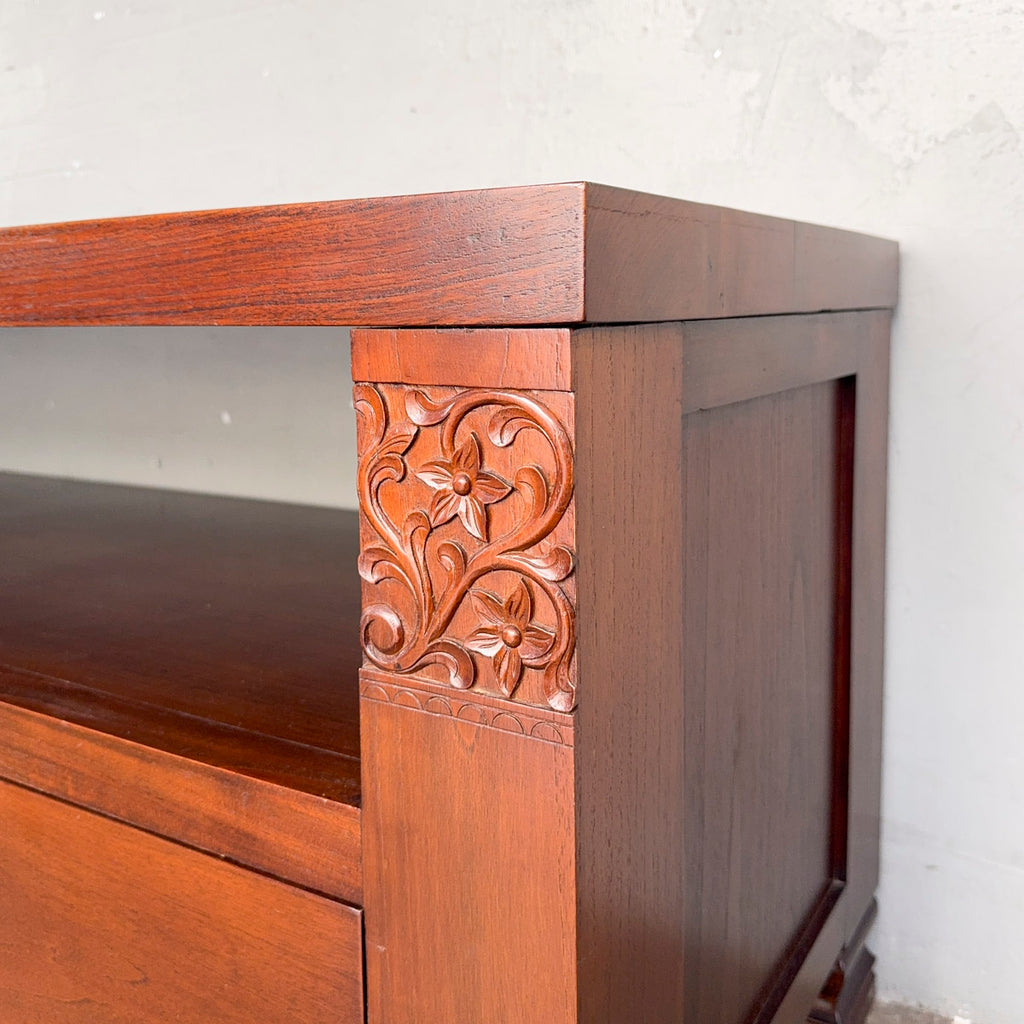 Indonesian Mahogany TV Console with Floral Carvings