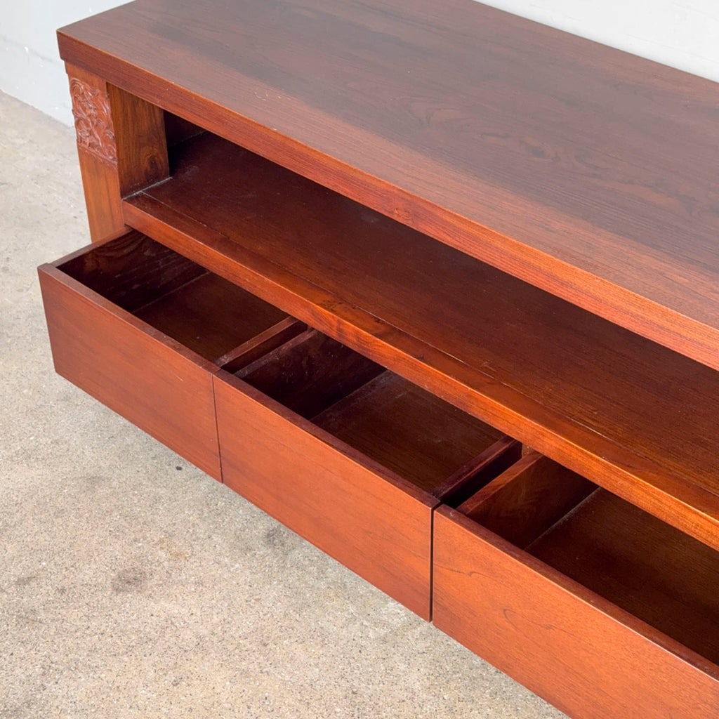 Indonesian Mahogany TV Console with Floral Carvings