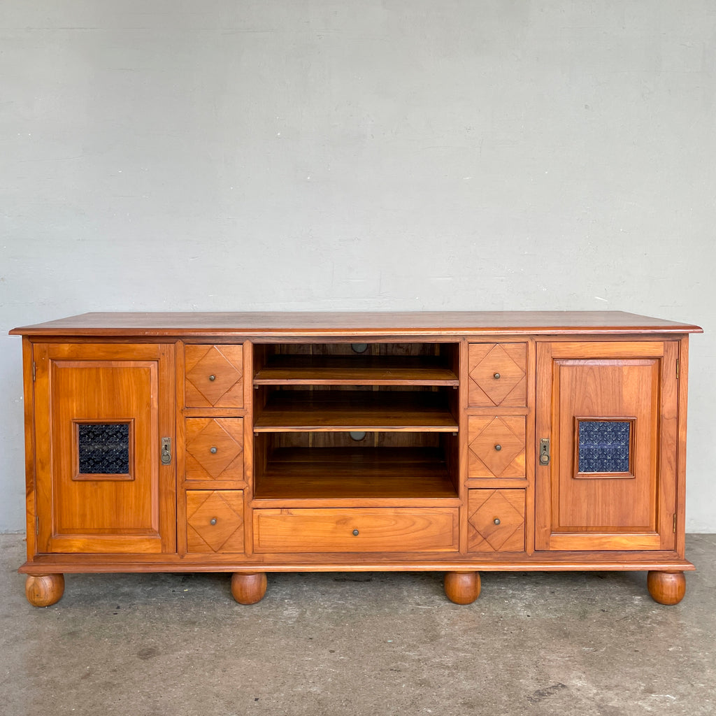 Large Teak Media Console with Bun Feet/Blue Glass