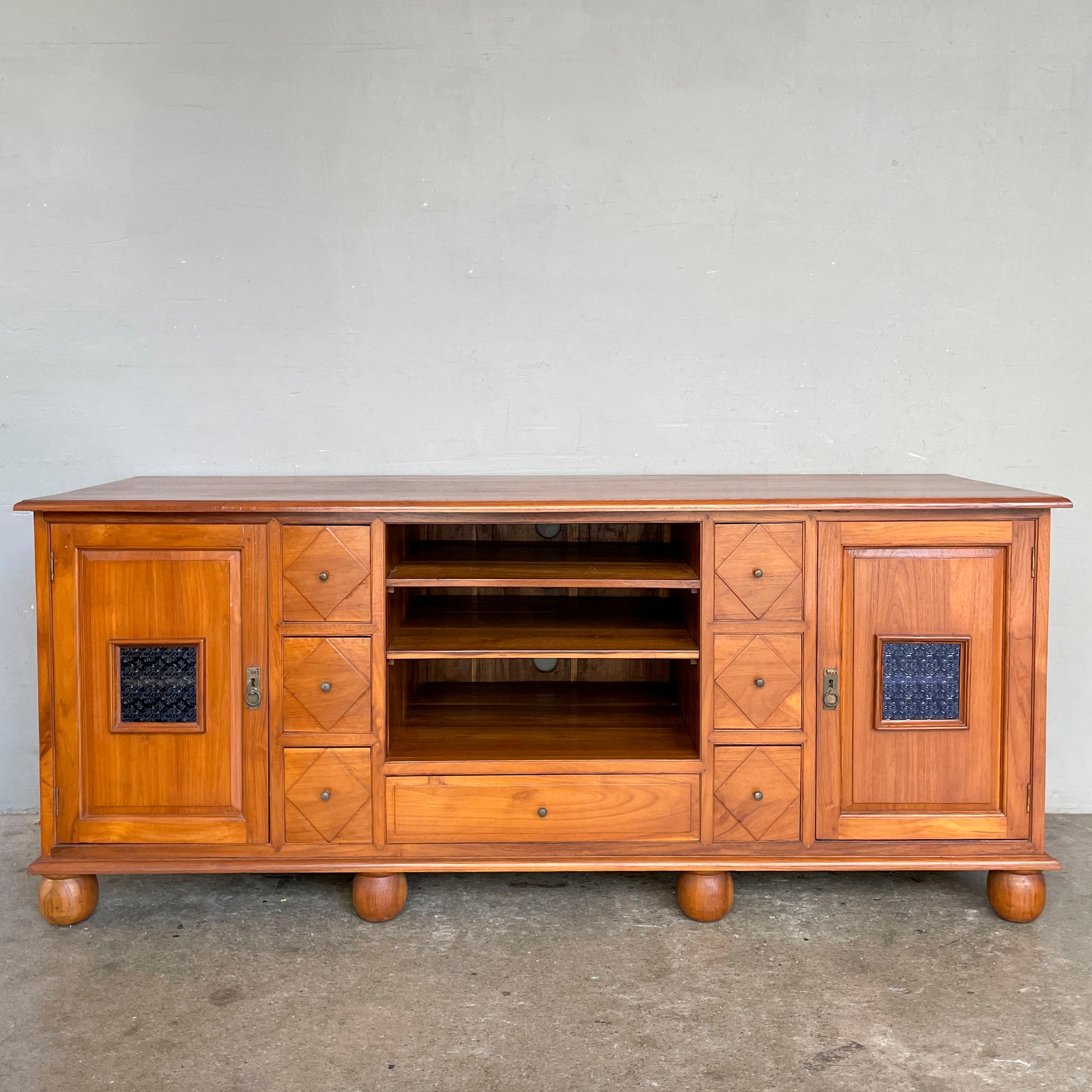 Large Teak Media Console with Bun Feet/Blue Glass