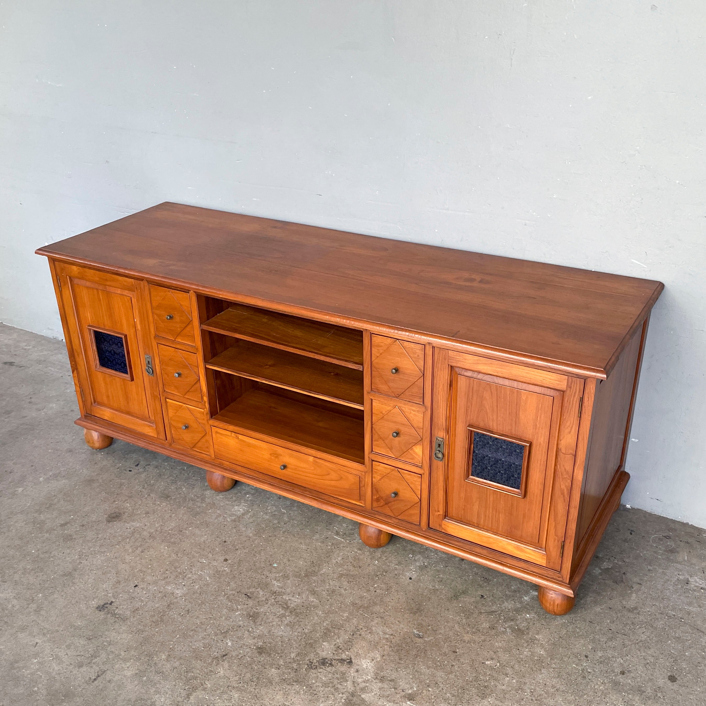 Large Teak Media Console with Bun Feet/Blue Glass