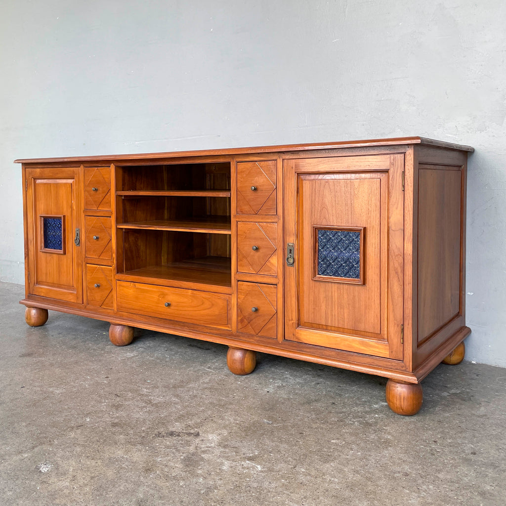 Large Teak Media Console with Bun Feet/Blue Glass
