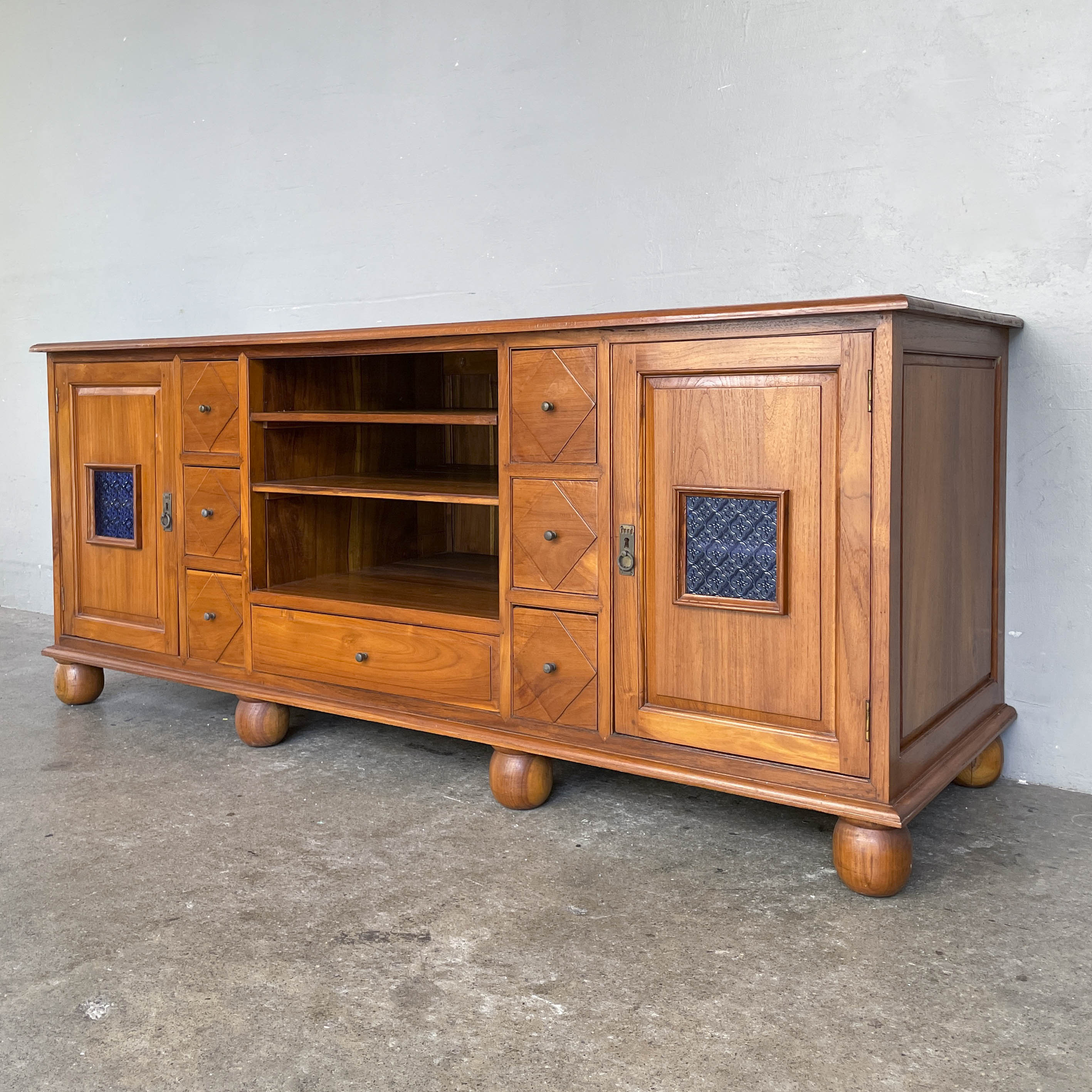 Large Teak Media Console with Bun Feet/Blue Glass