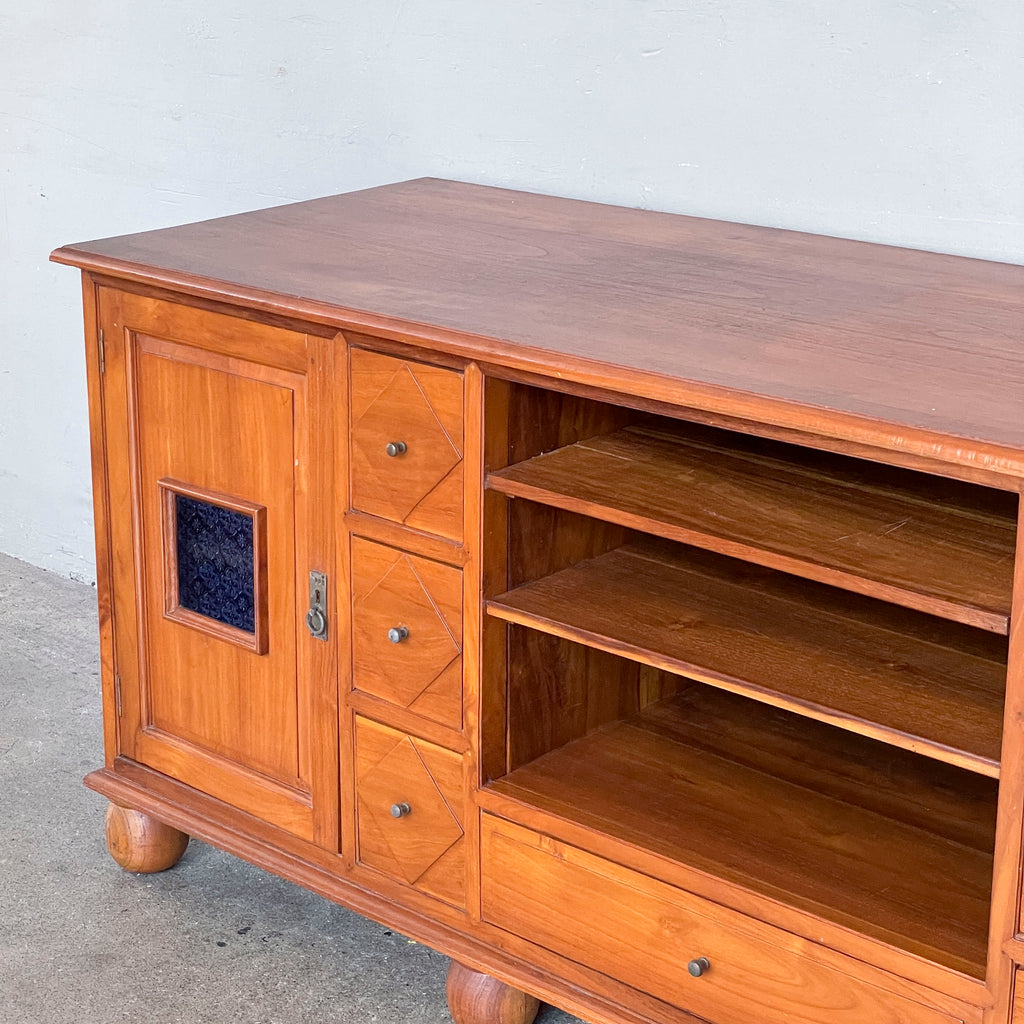 Large Teak Media Console with Bun Feet/Blue Glass