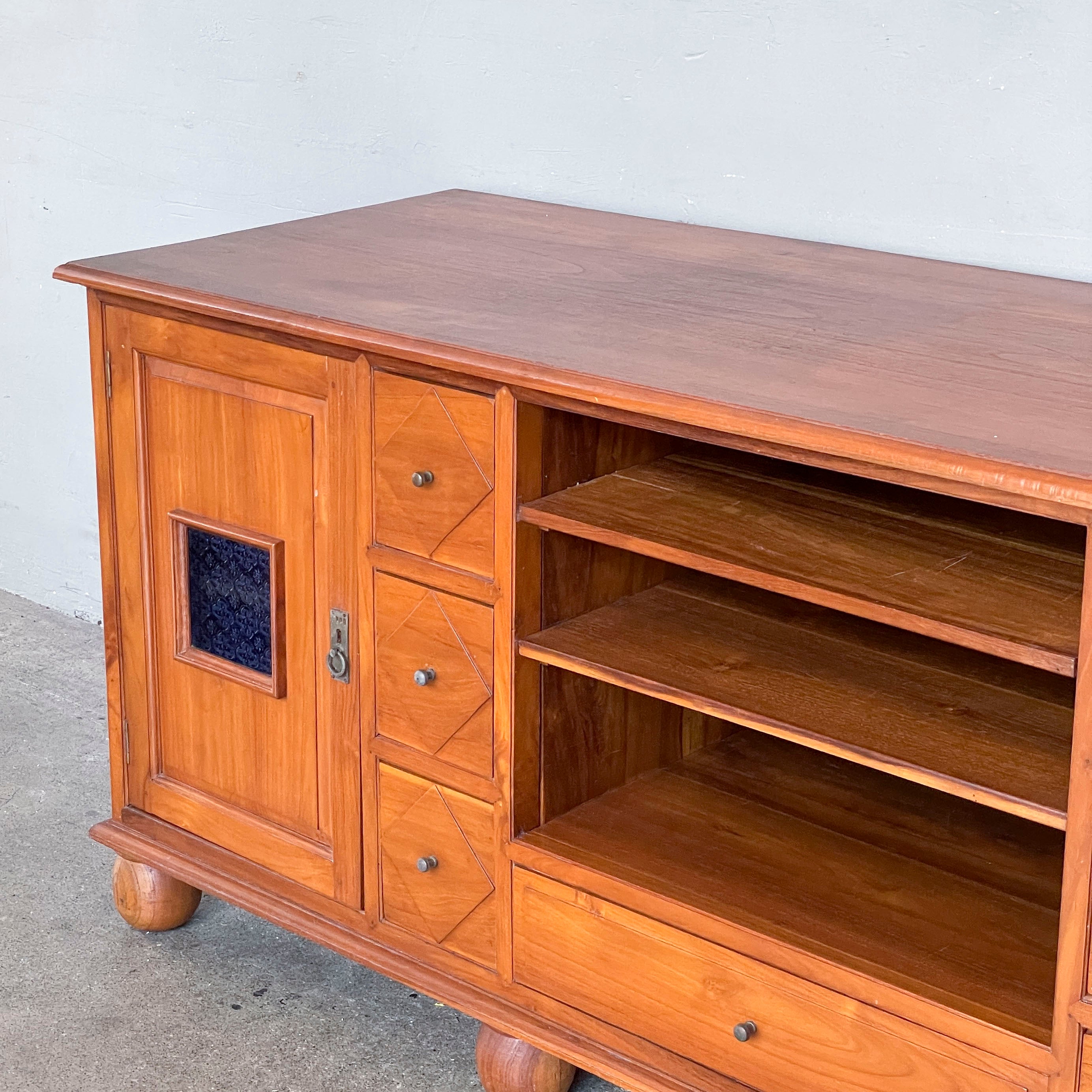 Large Teak Media Console with Bun Feet/Blue Glass