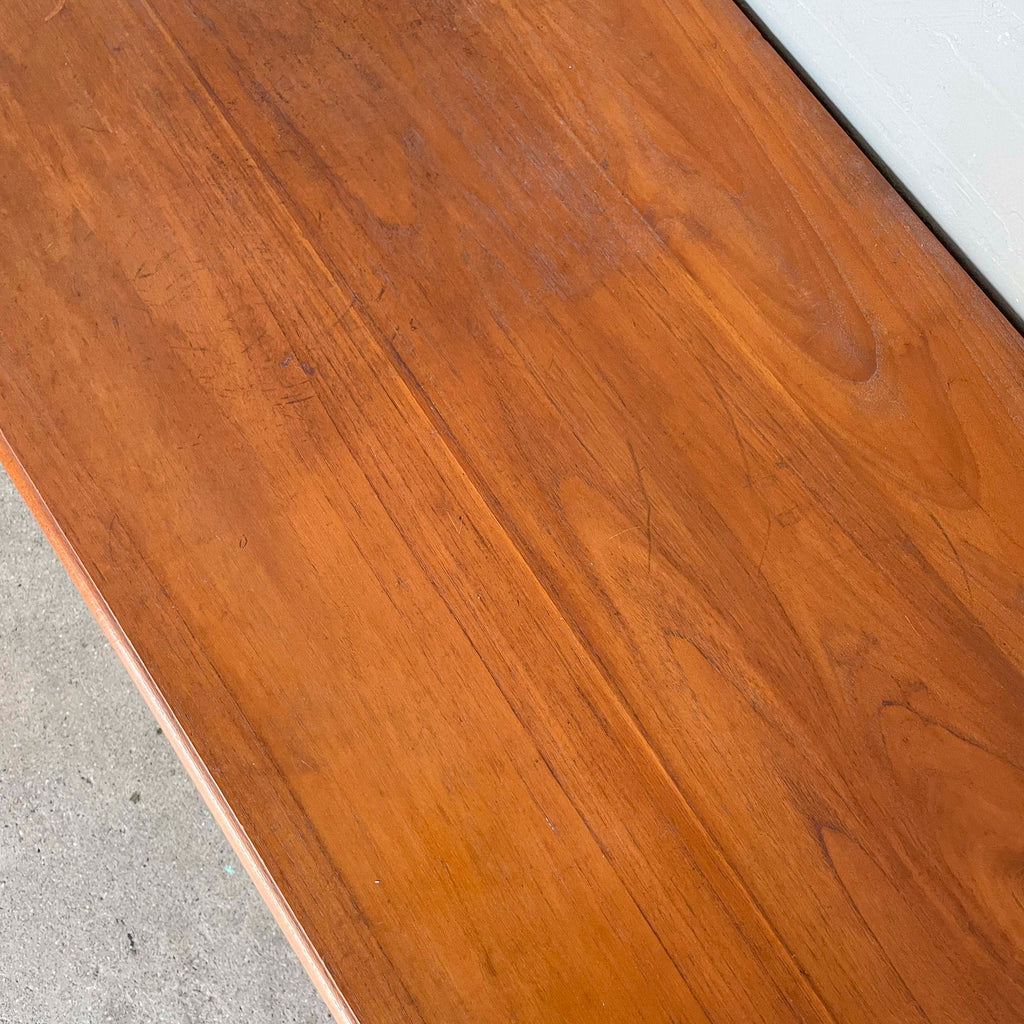 Large Teak Media Console with Bun Feet/Blue Glass