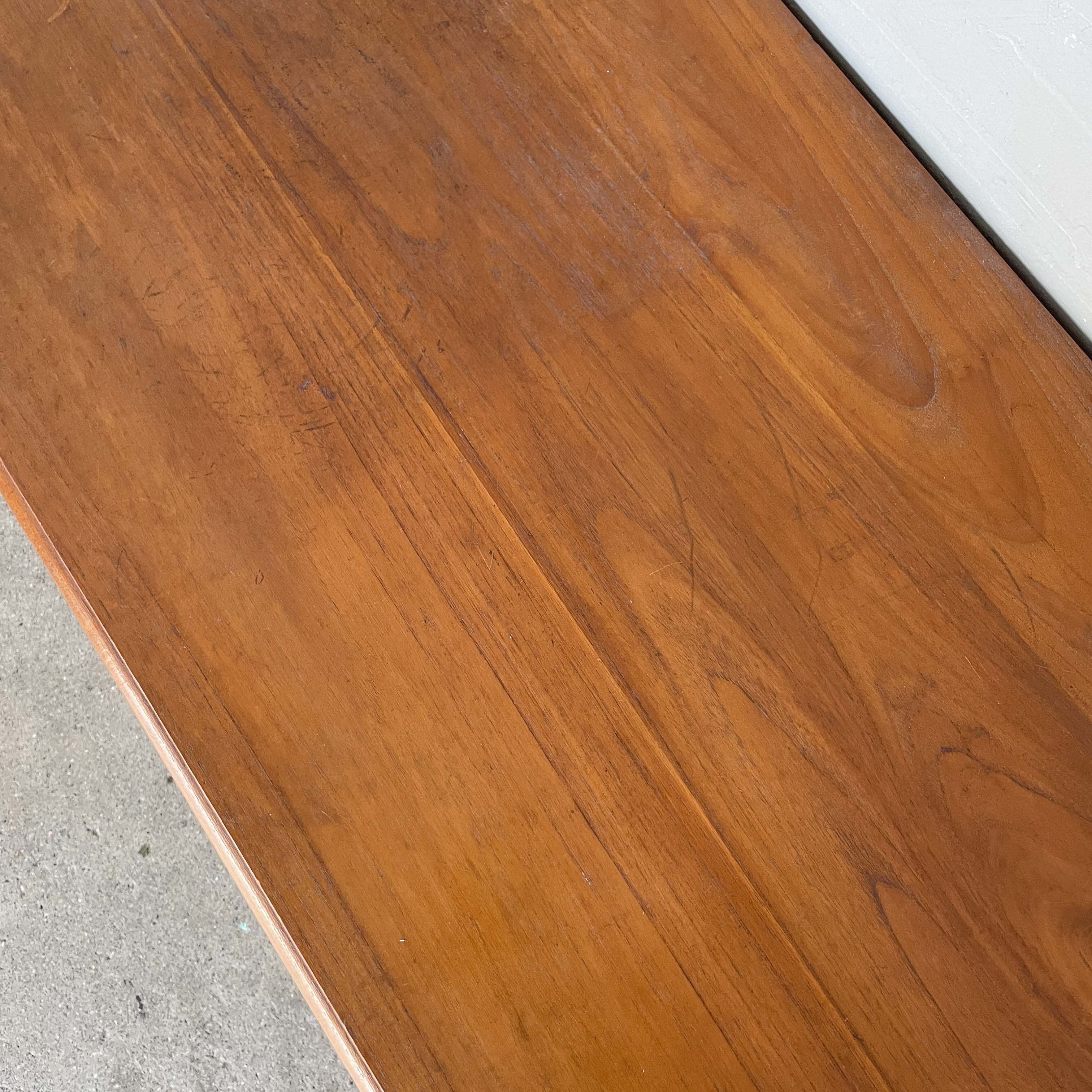 Large Teak Media Console with Bun Feet/Blue Glass