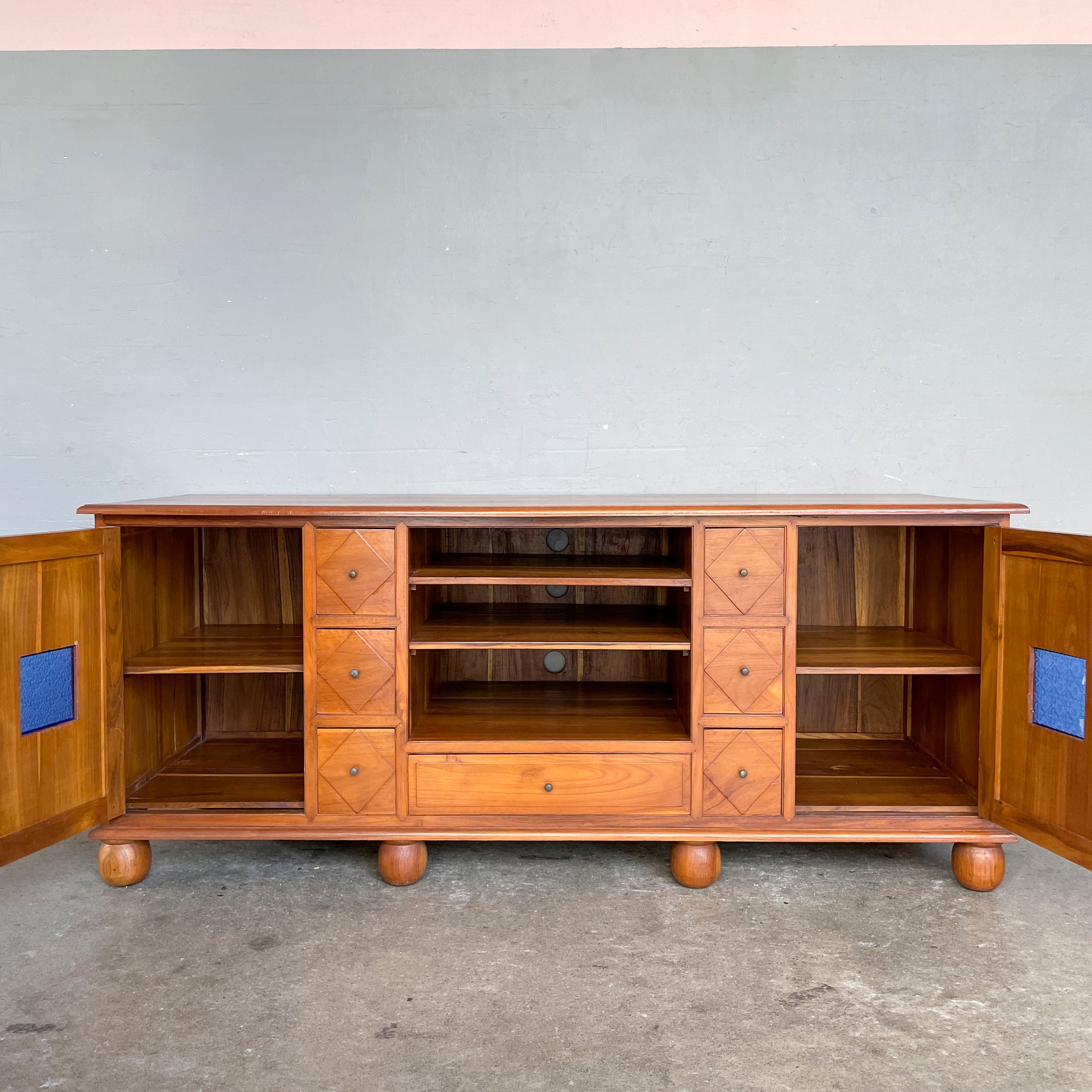 Large Teak Media Console with Bun Feet/Blue Glass