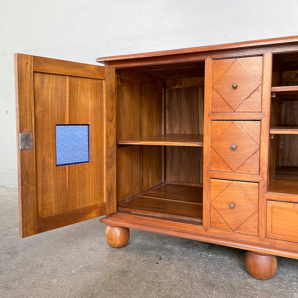 Large Teak Media Console with Bun Feet/Blue Glass
