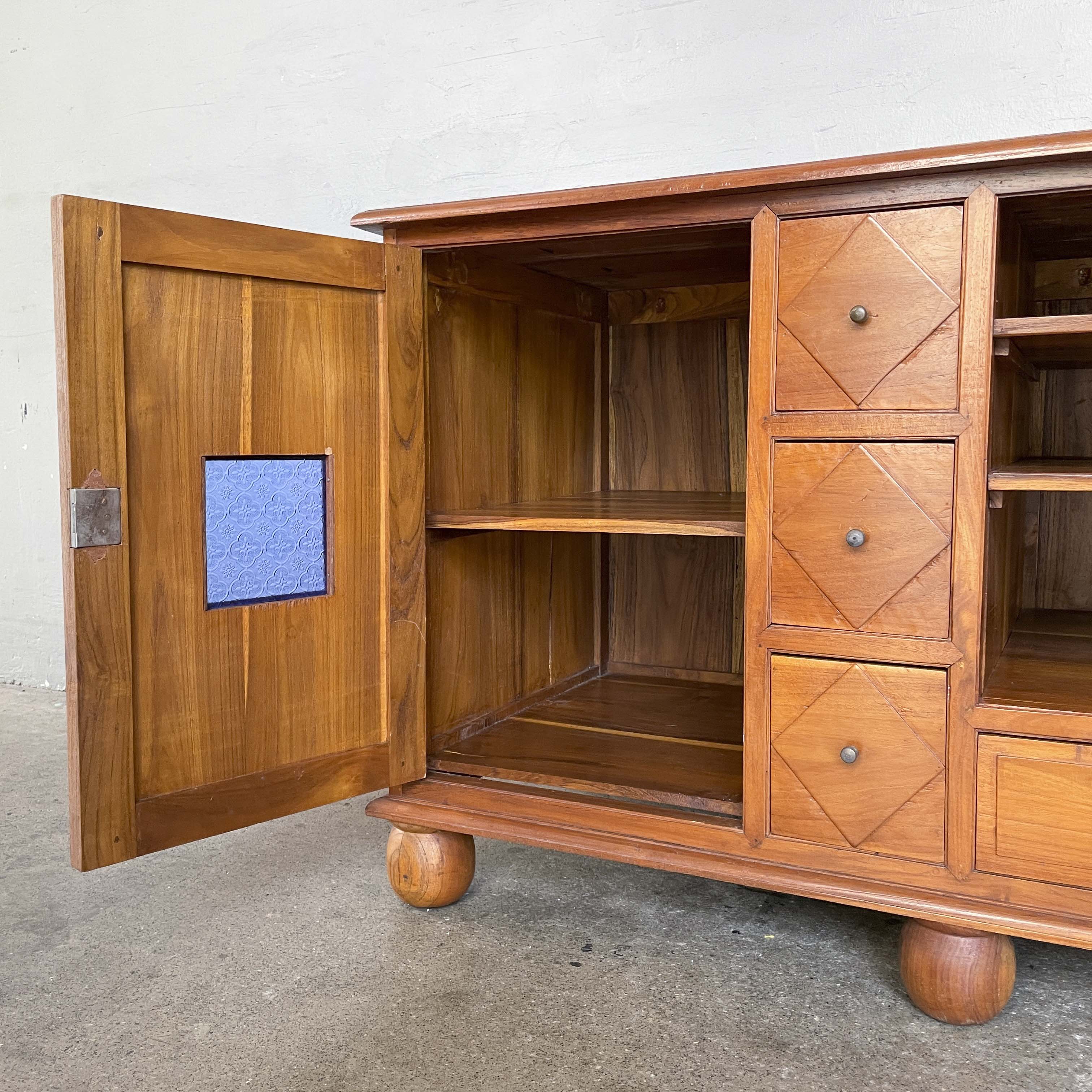 Large Teak Media Console with Bun Feet/Blue Glass