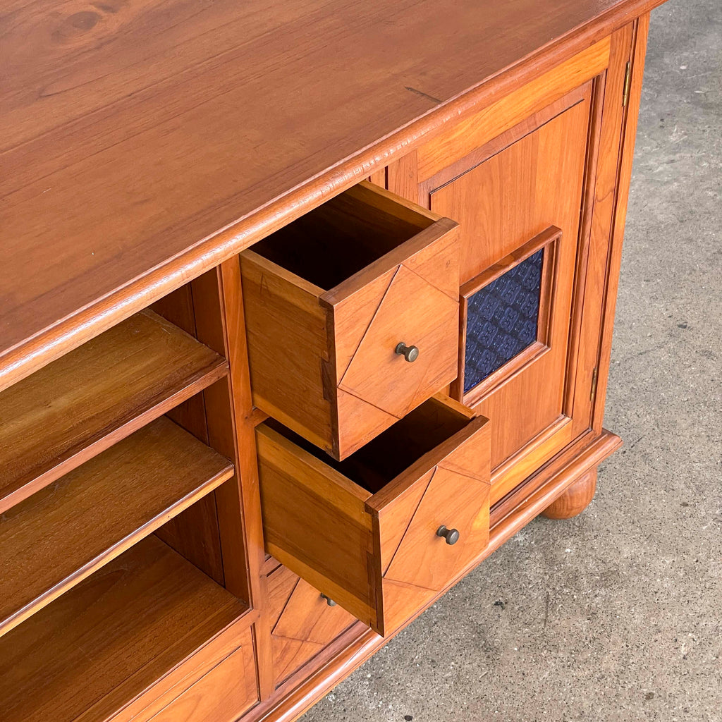 Large Teak Media Console with Bun Feet/Blue Glass