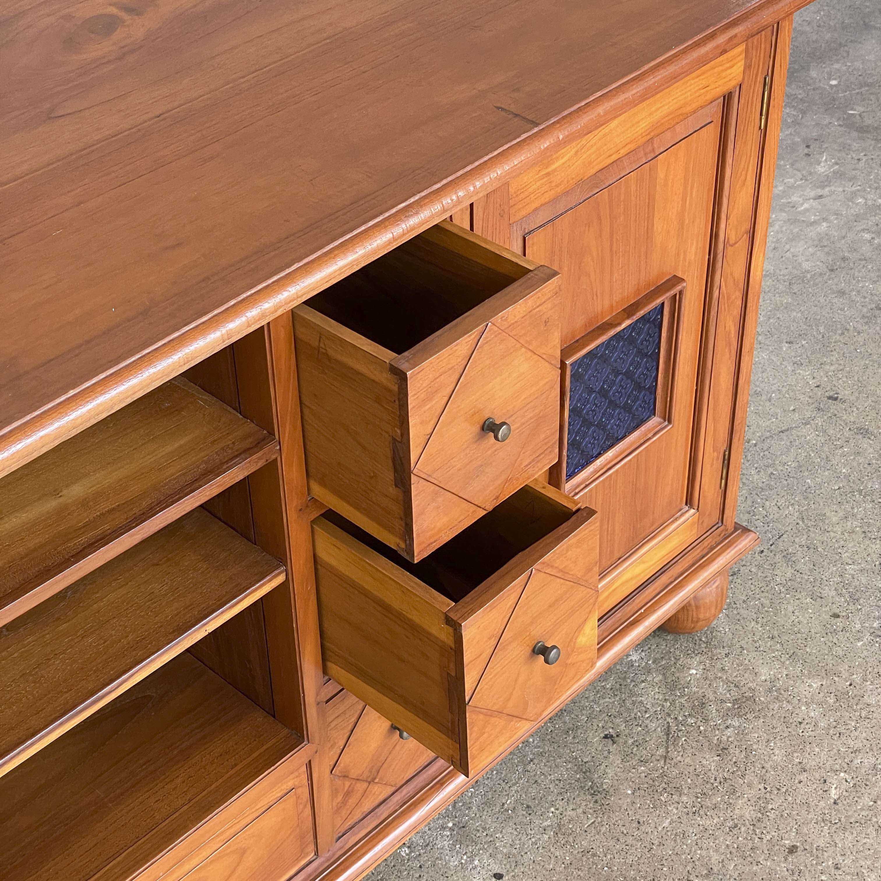 Large Teak Media Console with Bun Feet/Blue Glass