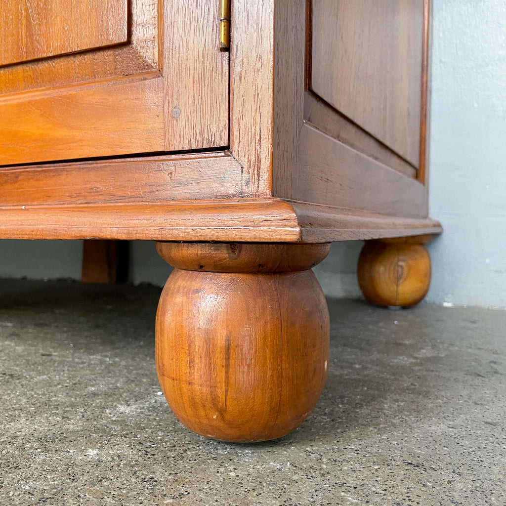 Large Teak Media Console with Bun Feet/Blue Glass