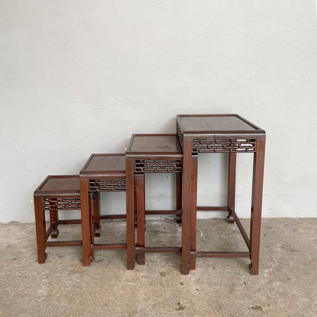 Set of 4 Wooden Nesting Tables with Carved Aprons