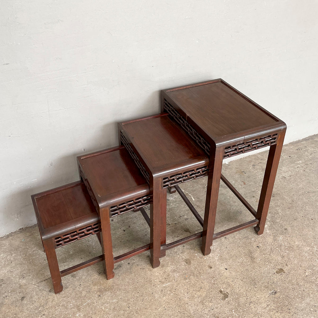 Set of 4 Wooden Nesting Tables with Carved Aprons