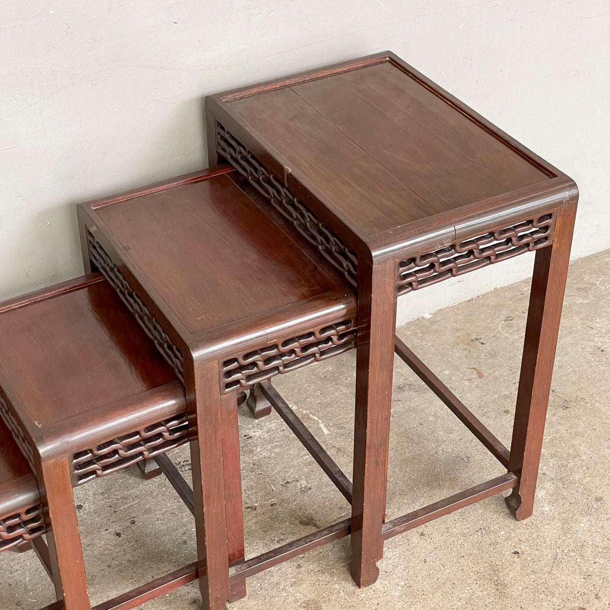 Set of 4 Wooden Nesting Tables with Carved Aprons