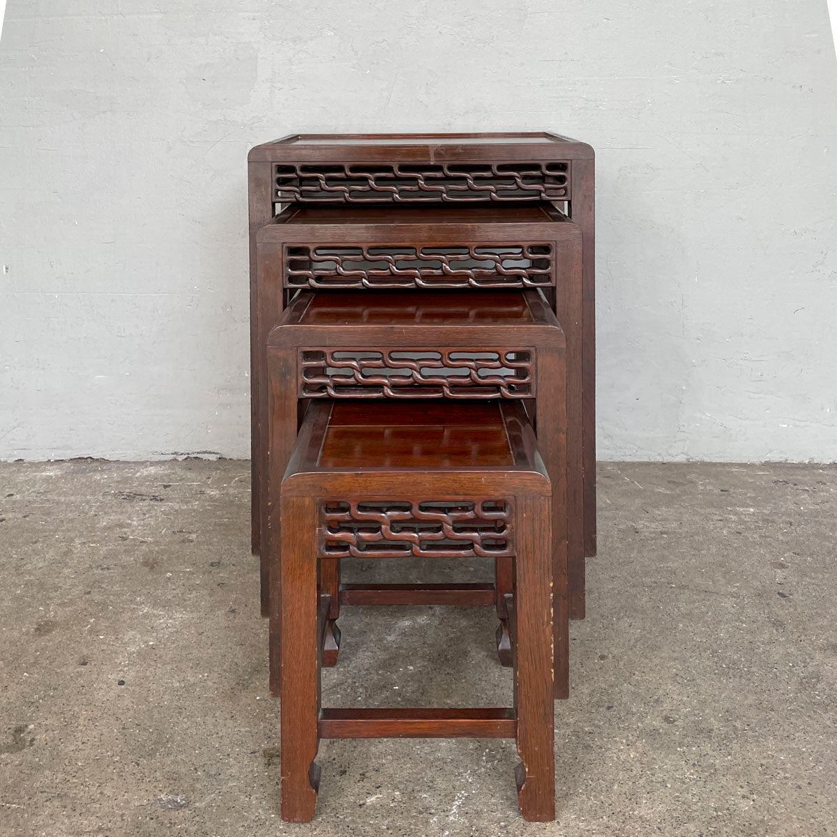 Set of 4 Wooden Nesting Tables with Carved Aprons