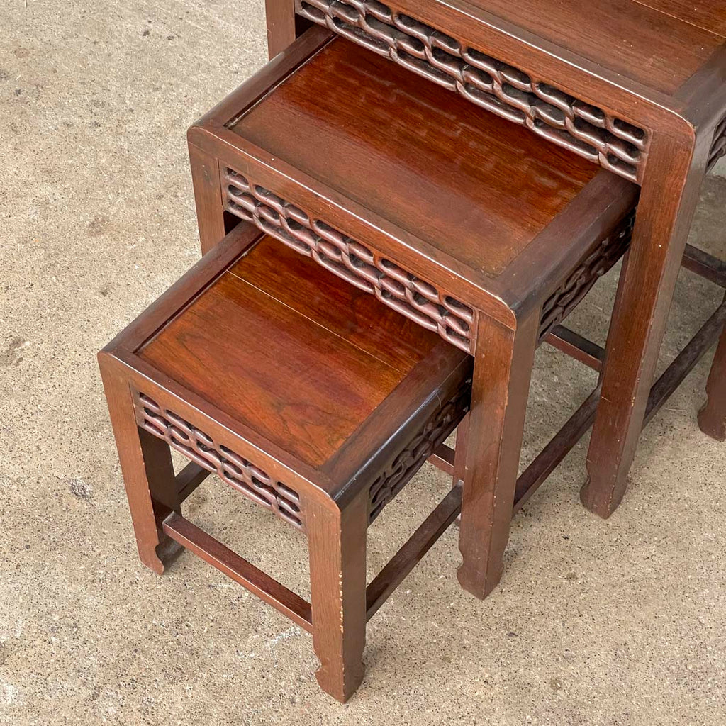 Set of 4 Wooden Nesting Tables with Carved Aprons