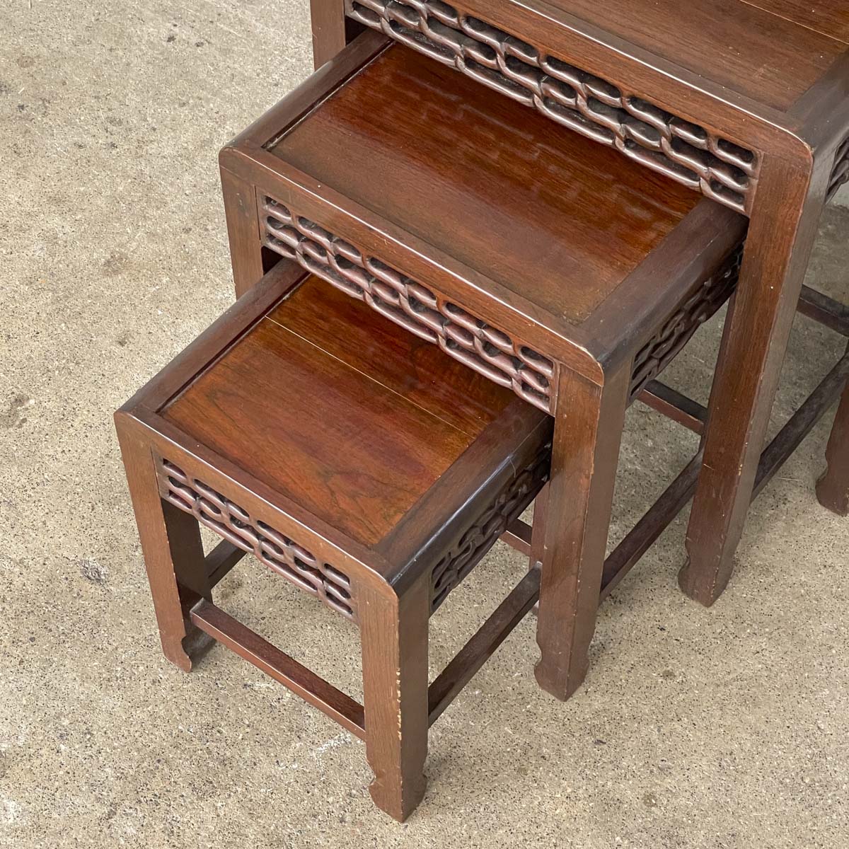 Set of 4 Wooden Nesting Tables with Carved Aprons