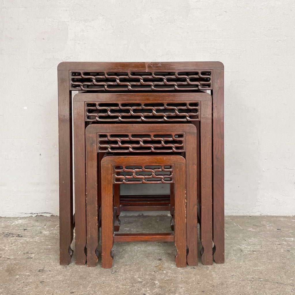 Set of 4 Wooden Nesting Tables with Carved Aprons
