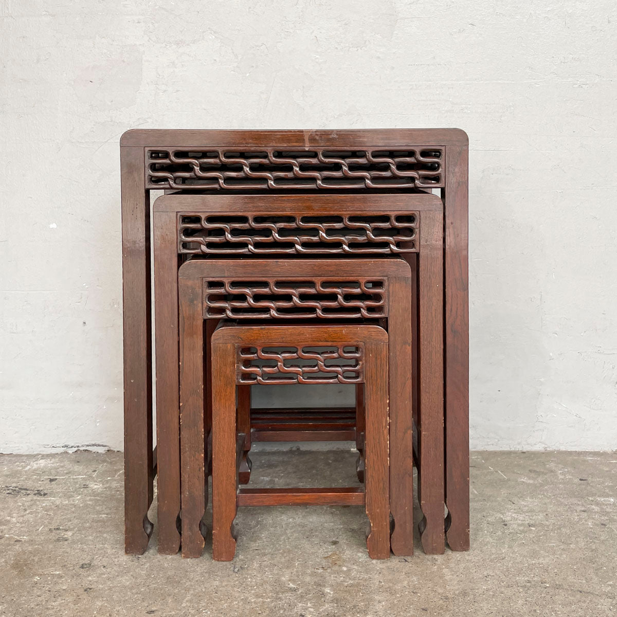 Set of 4 Wooden Nesting Tables with Carved Aprons