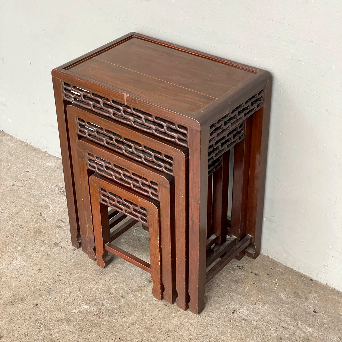 Set of 4 Wooden Nesting Tables with Carved Aprons