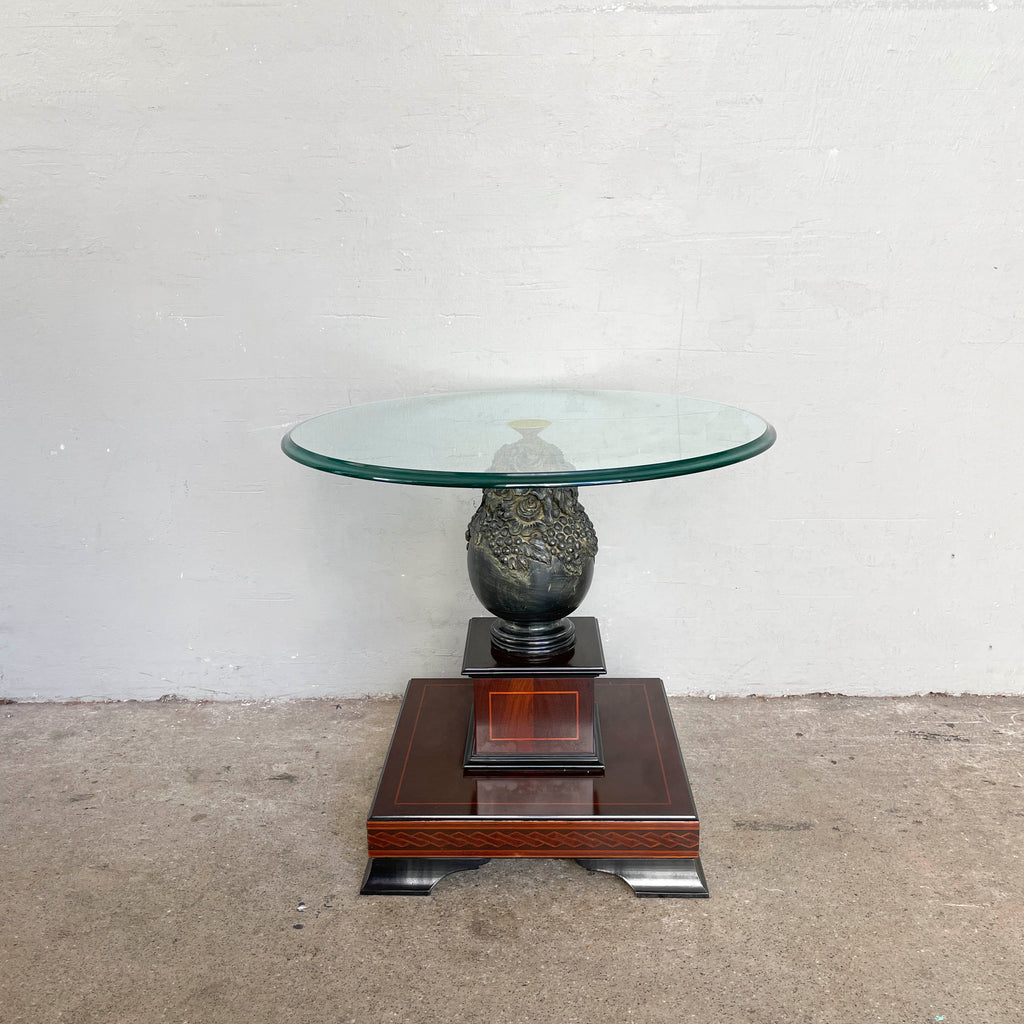 Ornate Floral Pedestal Side Table with Glass Top