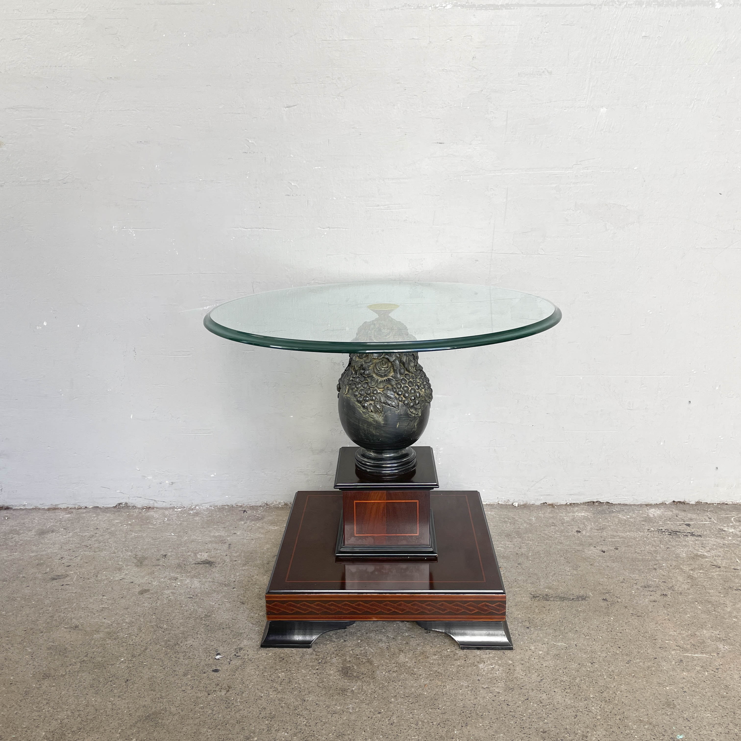 Ornate Floral Pedestal Side Table with Glass Top