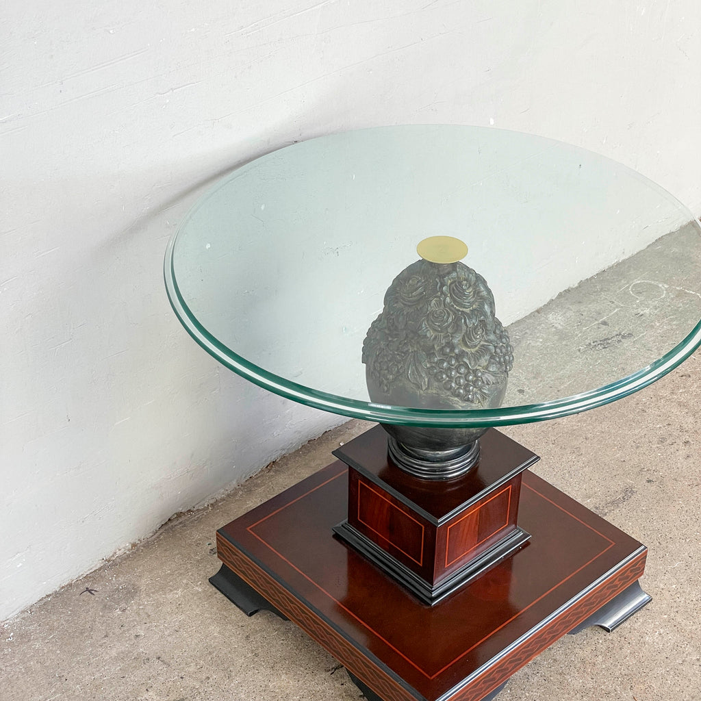 Ornate Floral Pedestal Side Table with Glass Top
