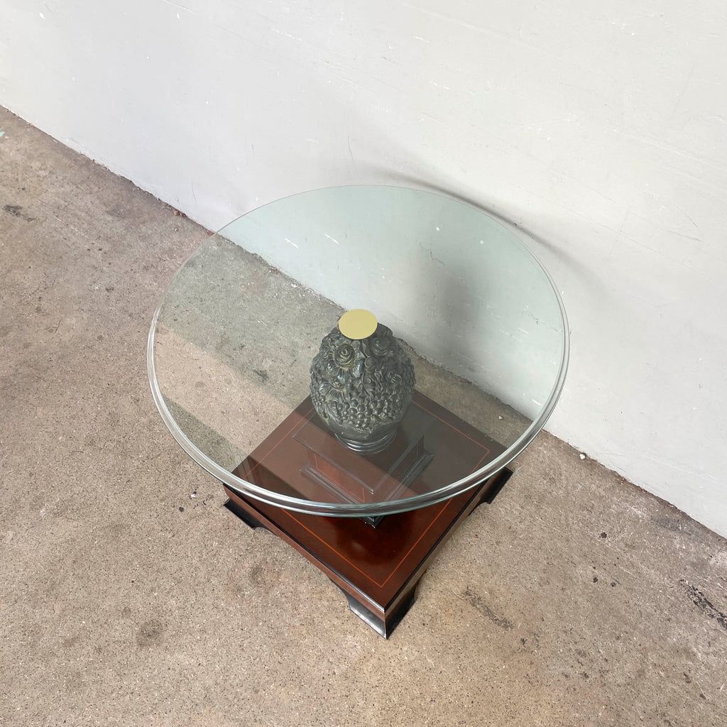 Ornate Floral Pedestal Side Table with Glass Top